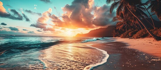 Panoramic tropical beach with colorful sunset sky, calm and relaxing summer vibes.