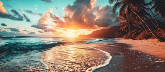 Keuken foto achterwand Bora Bora, Frans Polynesië Panoramic tropical beach with colorful sunset sky, calm and relaxing summer vibes.
