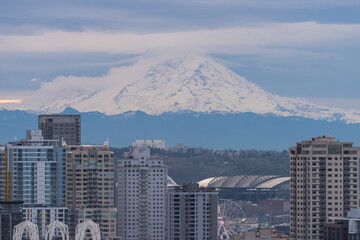 Mt Rainier over cityscape in Seattle, Washington