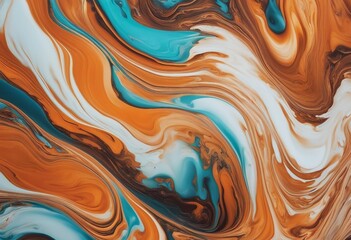 Abstract marbled acrylic paint ink Painted waves in orange, blue and white colors