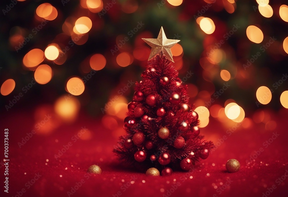 Poster christmas background with xmas tree and sparkle bokeh lights on red canvas background merry christma
