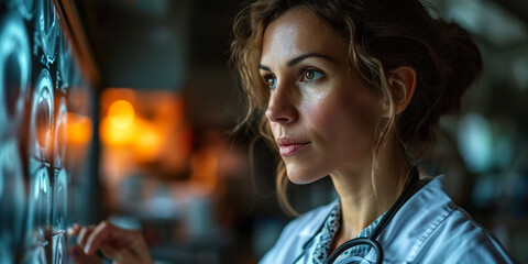Young doctor woman observing radiography
