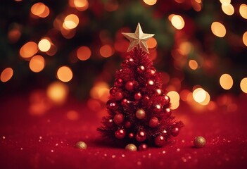 Christmas background with xmas tree and sparkle bokeh lights on red canvas background Merry Christmas and Happy New Year