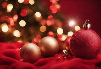 Christmas background with xmas tree and sparkle bokeh lights on red surface background Merry Christmas