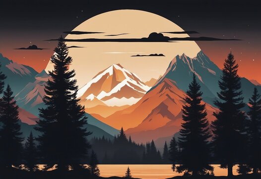 Orange silhouette of mountains and fir trees camping landscape panorama illustration