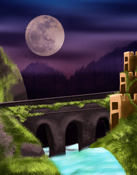 bridge background with moon sky and water fall
