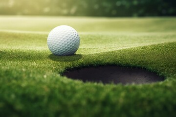 3D illustration of a golf ball nearing the hole. Generative AI