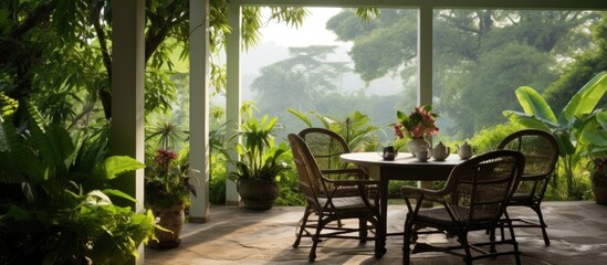 Scenic veranda with table and chairs. - obrazy, fototapety, plakaty
