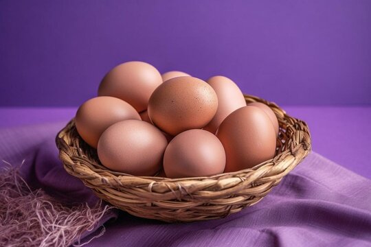 An image of eggs in a basket on a purple background with a purple cloth and a purple egg shell. There is also a brown egg in the middle. Generative AI
