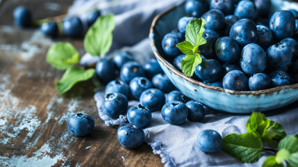 Rustic bowl full of blueberries with fresh green leaves on a worn wooden table and a linen cloth. - Powered by Adobe