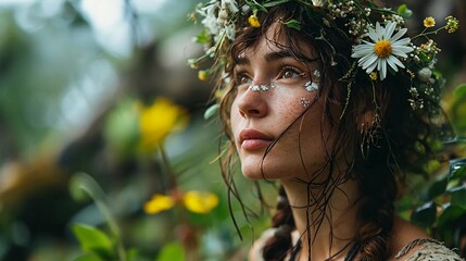 Slavic girl with a crown of flowers, rituals, pagan beliefs - obrazy, fototapety, plakaty