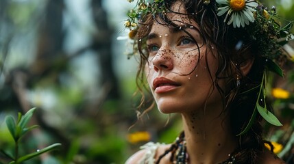 Slavic girl with a crown of flowers, rituals, pagan beliefs - obrazy, fototapety, plakaty