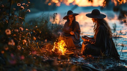 Witches sitting by a fire in the forest, Slavic rites, prayer to the gods of nature, religious rituals