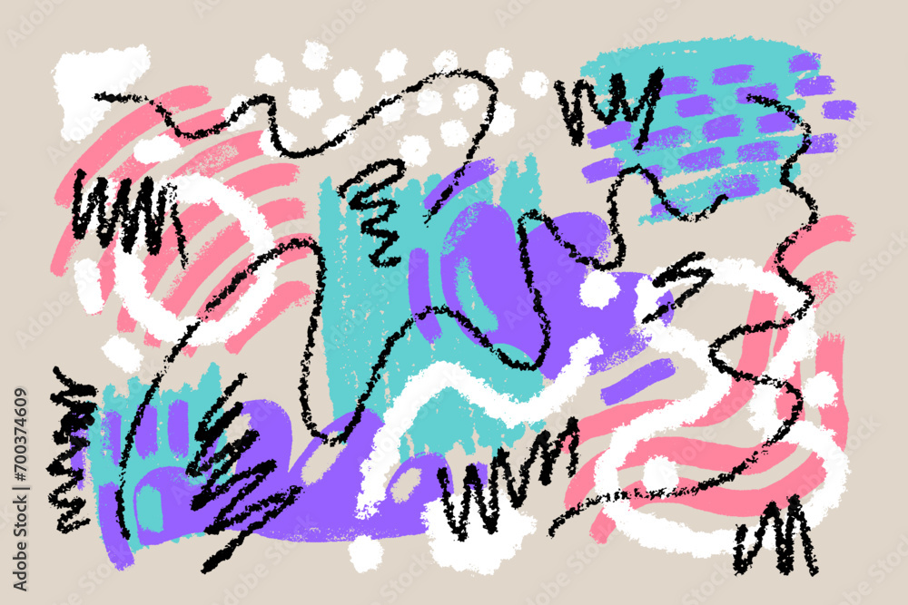 Poster big set of hand drawn various colorful shapes and doodle objects. abstract contemporary vector textu
