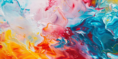 vibrant, abstract painting with swirling colors of blue, red, orange, and white, resembling fluid art.