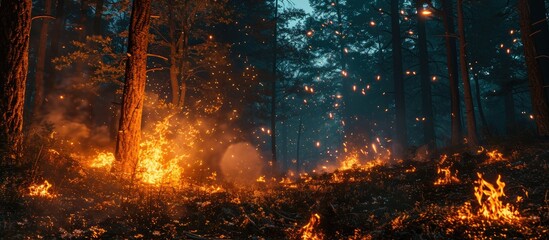 Nighttime forest with large fiery bonfire and sparking embers, rendered in ai.