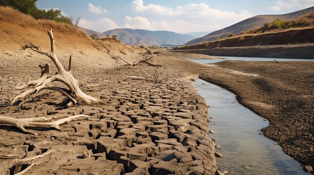 Striking image of a dried-up riverbed, showcasing the effects of climate change on water resources 