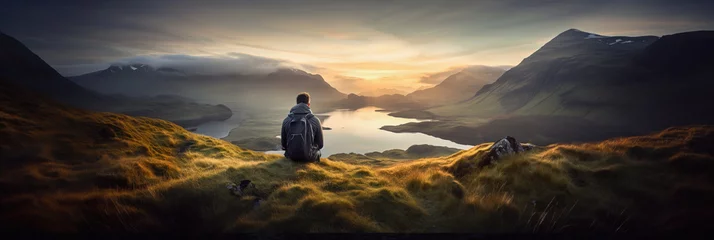 Gordijnen Backpacker sitting at top of panoramic mountain viewpoint. Panoramic landscape shot © LorenaPh