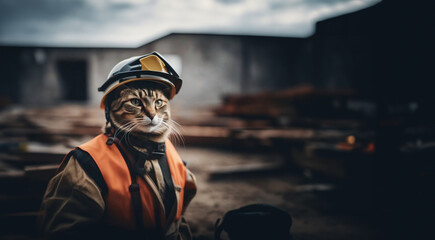 cat builder in a builder's uniform and helmet at a construction site, working as a builder as an engineer on the construction of a house. - obrazy, fototapety, plakaty