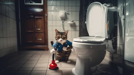 cat plumber repairs pipes and sewerage at home, cat in a plumber's suit. work as a plumber
