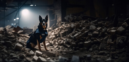 dog in a police uniform searches for people by scent in the ruins of a destroyed building. Rescue dog - Powered by Adobe