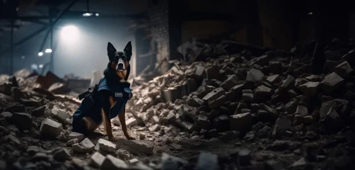 Poster dog in a police uniform searches for people by scent in the ruins of a destroyed building. Rescue dog © velimir