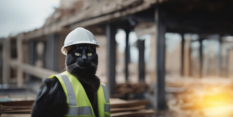 cat builder in a builder's uniform and helmet at a construction site, working as a builder as an engineer on the construction of a house.