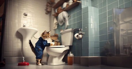 cat plumber repairs pipes and sewerage at home, cat in a plumber's suit. work as a plumber