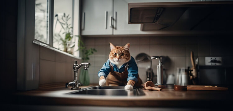 cat plumber repairs pipes and sewerage at home, cat in a plumber's suit. work as a plumber