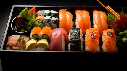 Delicious box of fresh sushi. Assorted rolls and sashimi. A taste of Japan in every bite. Commercial advertisement menu banner with copy space area