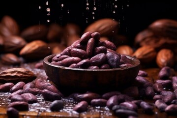 The enticing scent of cocoa beans pervades the air in this stunningly captured picture, revealing the allure of this valuable element. Generative AI
