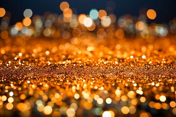 Background of abstract glitter lights. Defocused Golden Particles Glittery against Dark Background...