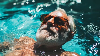 An elderly man enjoys a leisurely time in dark glasses while relaxing in the pool. Feeling relaxed, comfortable and enjoying a sunny day by the pool