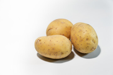 Three raw potatoes on a light gray background, carbohydrate-containing root vegetable and staple food in many parts of the world, copy space, selected focus