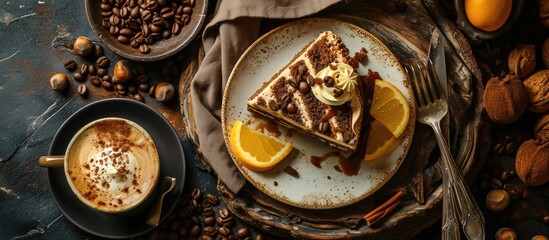 Cake with macadamia nuts, caramel, and a cup of hot coffee with orange flavor.