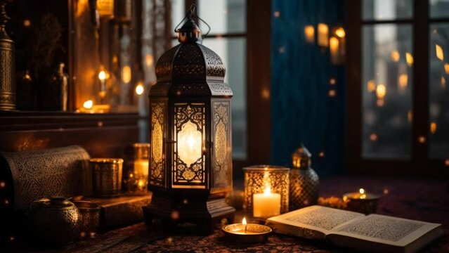 Ramadan atmosphere decorated with charming Arabic lantern. Seamless looping 4k time-lapse virtual video animation background