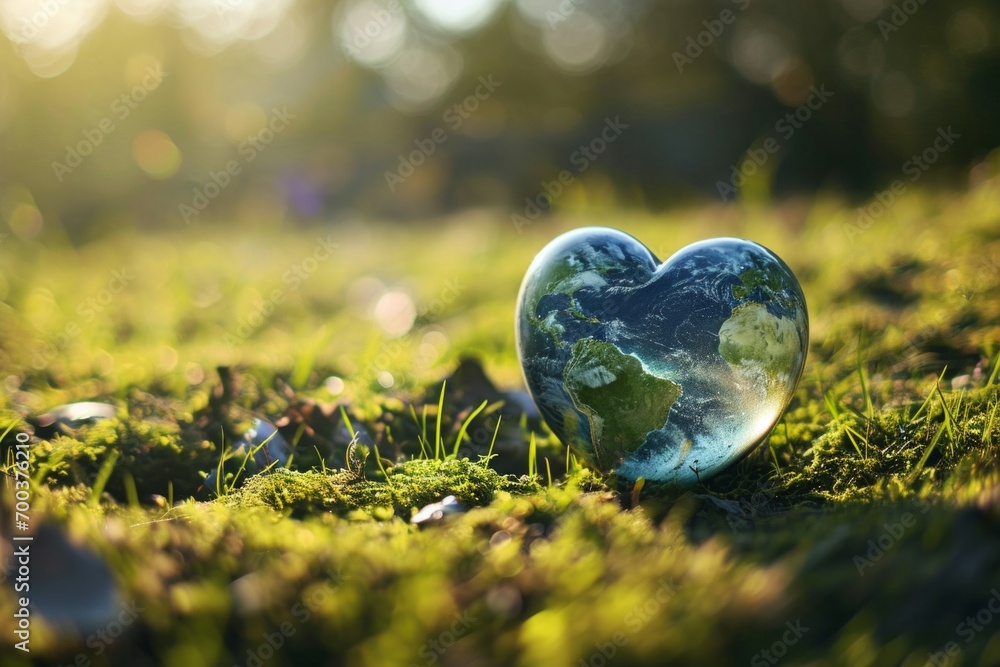 Poster planet earth in the shape of a heart. background with selective focus and copy space