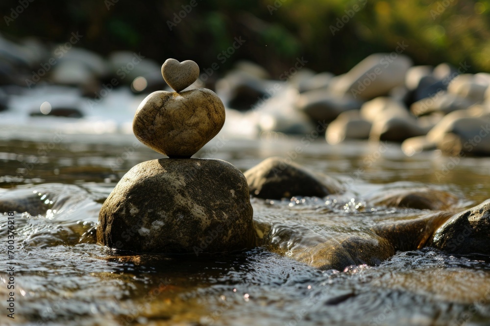 Aufkleber a cairn with a heart-shaped stone on top. background with selective focus and copy space