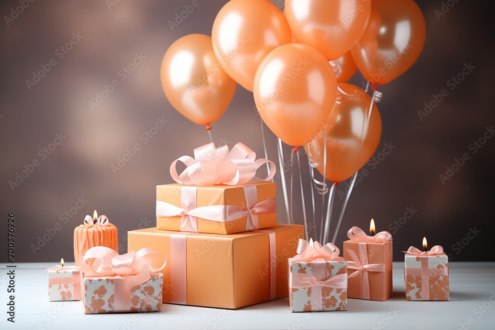 Poster gifts in trendy peach fuzz colors. background with selective focus and copy space