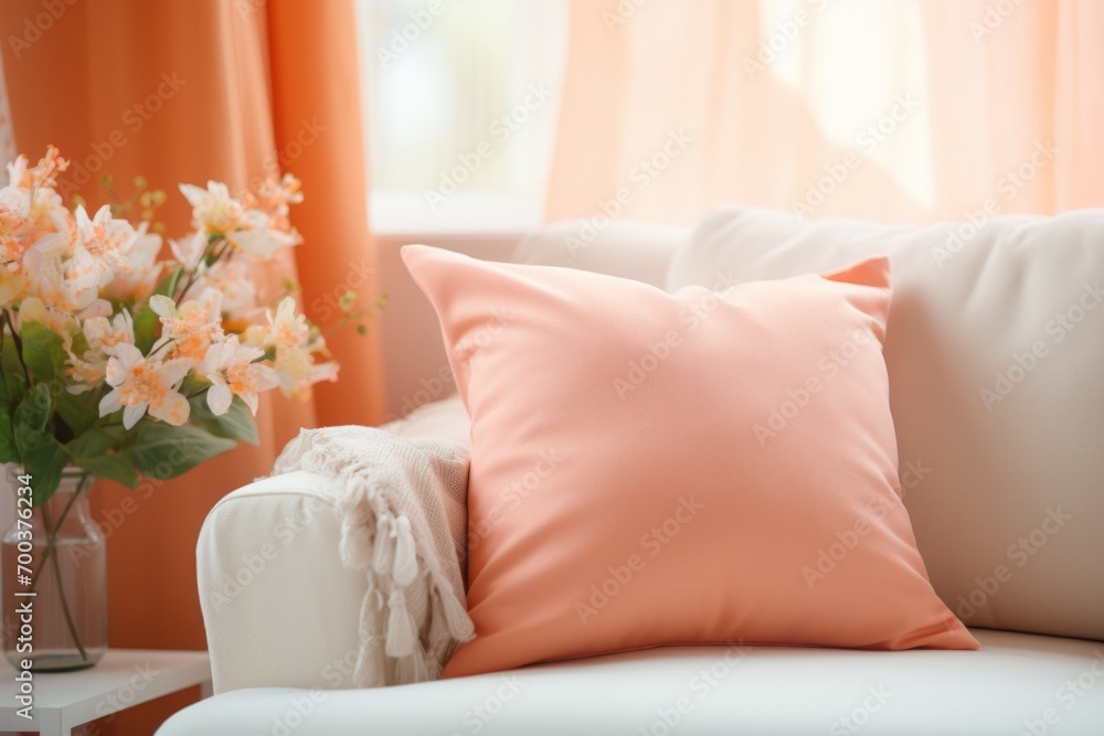 Poster pillow in trendy color peach fuzz. background with selective focus and copy space