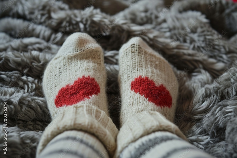 Poster socks with a heart. background with selective focus and copy space