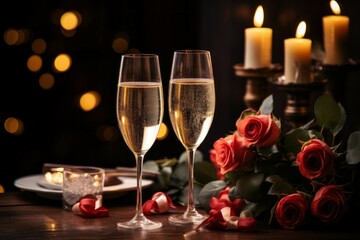 Champagne in the romantic atmosphere of lovers. Background with selective focus and copy space