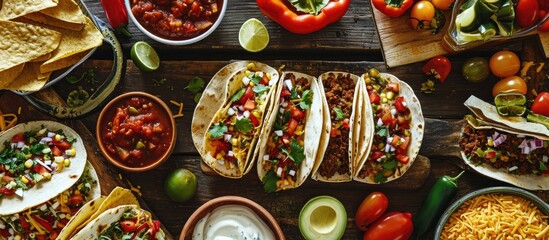 Mexican cuisine includes tacos, burritos, nachos, burgers, and more. - obrazy, fototapety, plakaty