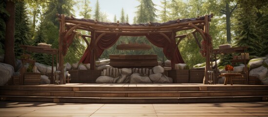 From a wooden table to mountain gazebos, an empty stage and podium can be found.