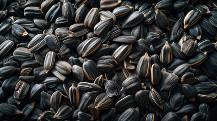 Background of black sunflower seeds. Small dark seeds. Textured and patterned background