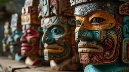 Fototapeta na wymiar Mexican masks, statues of South American gods, beliefs, spiritual and religious experiences