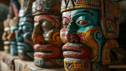 Obraz premium Mexican masks, statues of South American gods, beliefs, spiritual and religious experiences