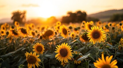 Sunflower field during daylight. Bright yellow sunflowers bathed in natural sunlight. A feeling of warmth, beauty, peace of nature. Concept of positivity and energy of the sun