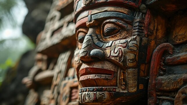 Mayan totems, ancient masks, worship of gods