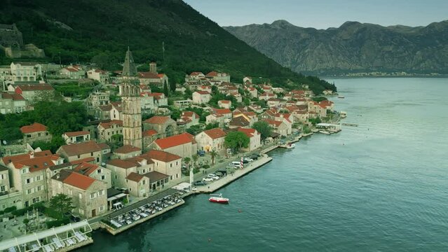 Aerial view of the town of Perast in the Bay of Kotor, Montenegro